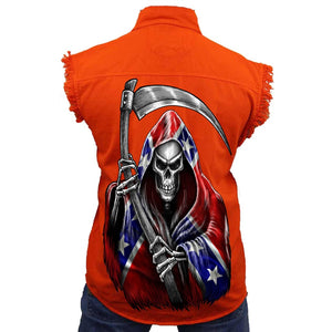 Men's Confederate Rebel Flag Sleeveless Denim Vest Confederate Rebel Flag Grim Reaper Biker Shirt