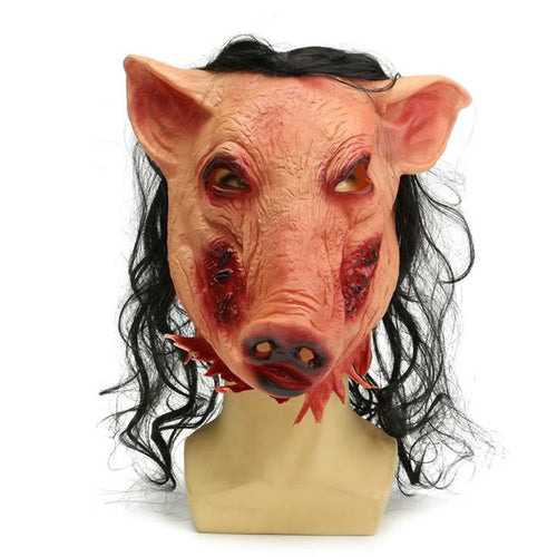 Hot Halloween Pig Head Mask With Hair Adult Saw Scary Cosplay Fancy Dress Costume