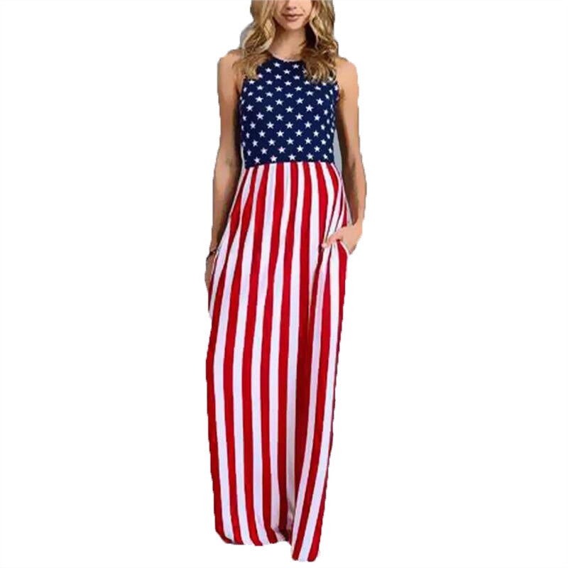 Women's Summer Sleeveless Round Neck Dress USA American Flag Print Casual Sundress