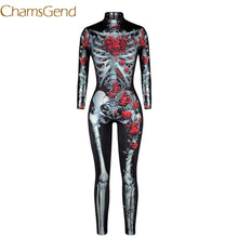 Chamsgend Women Vintage Skeleton Rose Print Scary Costume Black Skinny Jumpsuit Bodysuit Halloween Cosplay Suit 7911