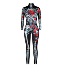 Chamsgend Women Vintage Skeleton Rose Print Scary Costume Black Skinny Jumpsuit Bodysuit Halloween Cosplay Suit 7911